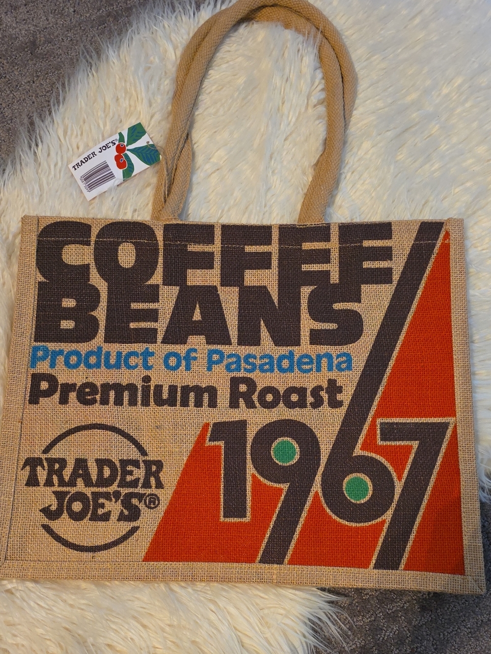 Trader Joe's Coffee Beans Jute Tote Bag - Natural with Brown & Orange Graphics